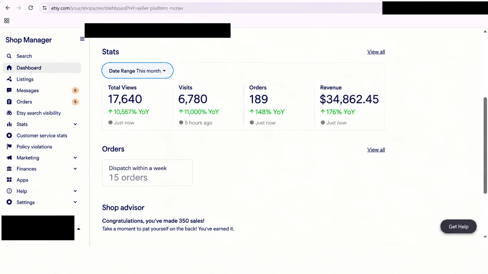 Etsy store dashboard 2 — identity redacted