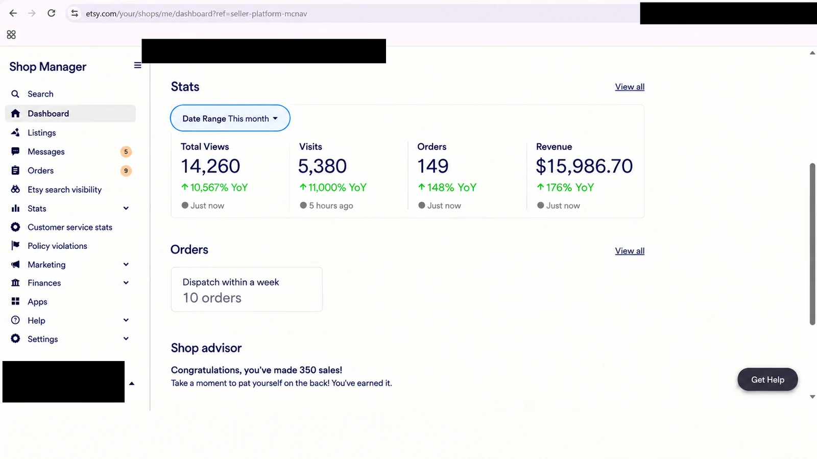 Etsy store dashboard 5 — identity redacted