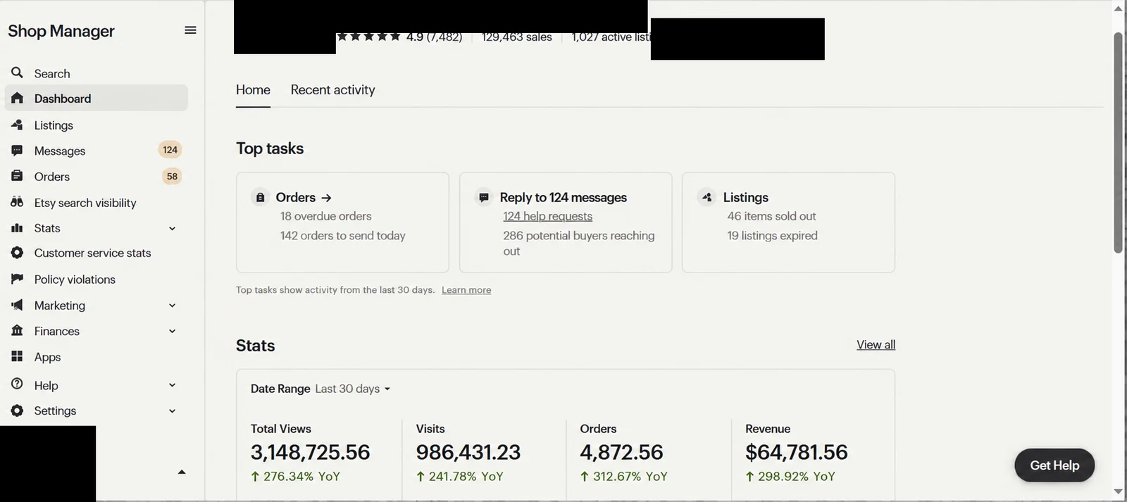 Etsy store dashboard 7 — identity redacted