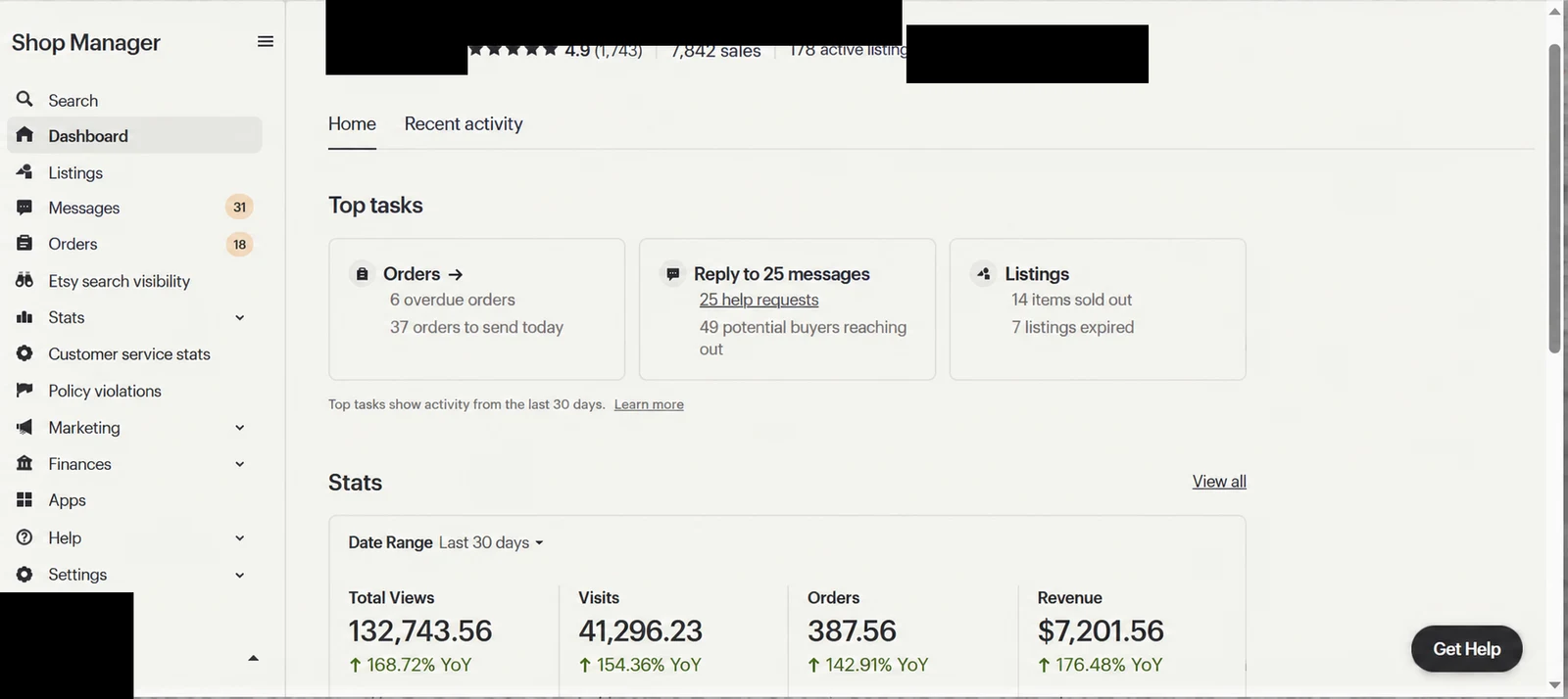 Etsy store dashboard 8 — identity redacted