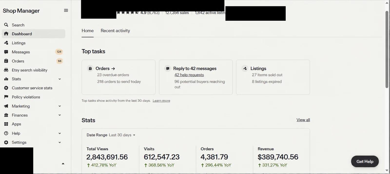 Etsy store dashboard 9 — identity redacted