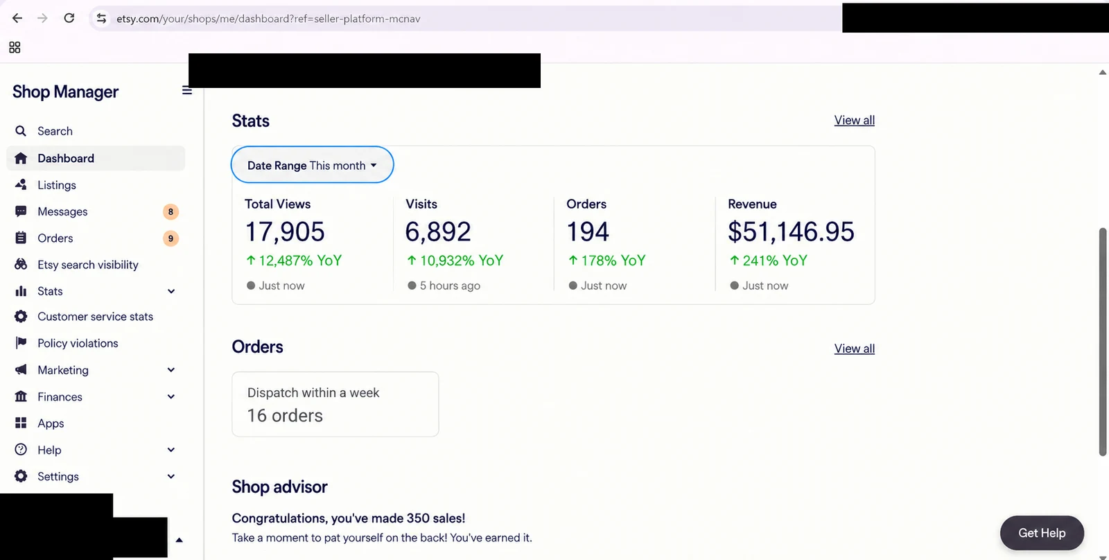 Etsy store dashboard 13 — identity redacted