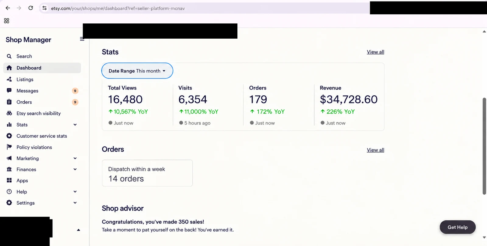 Etsy store dashboard 14 — identity redacted