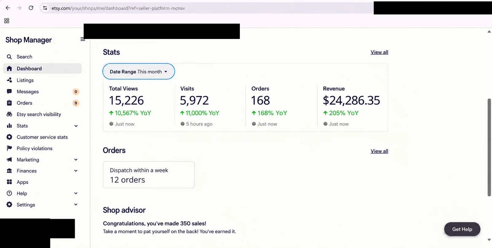 Etsy store dashboard 15 — identity redacted