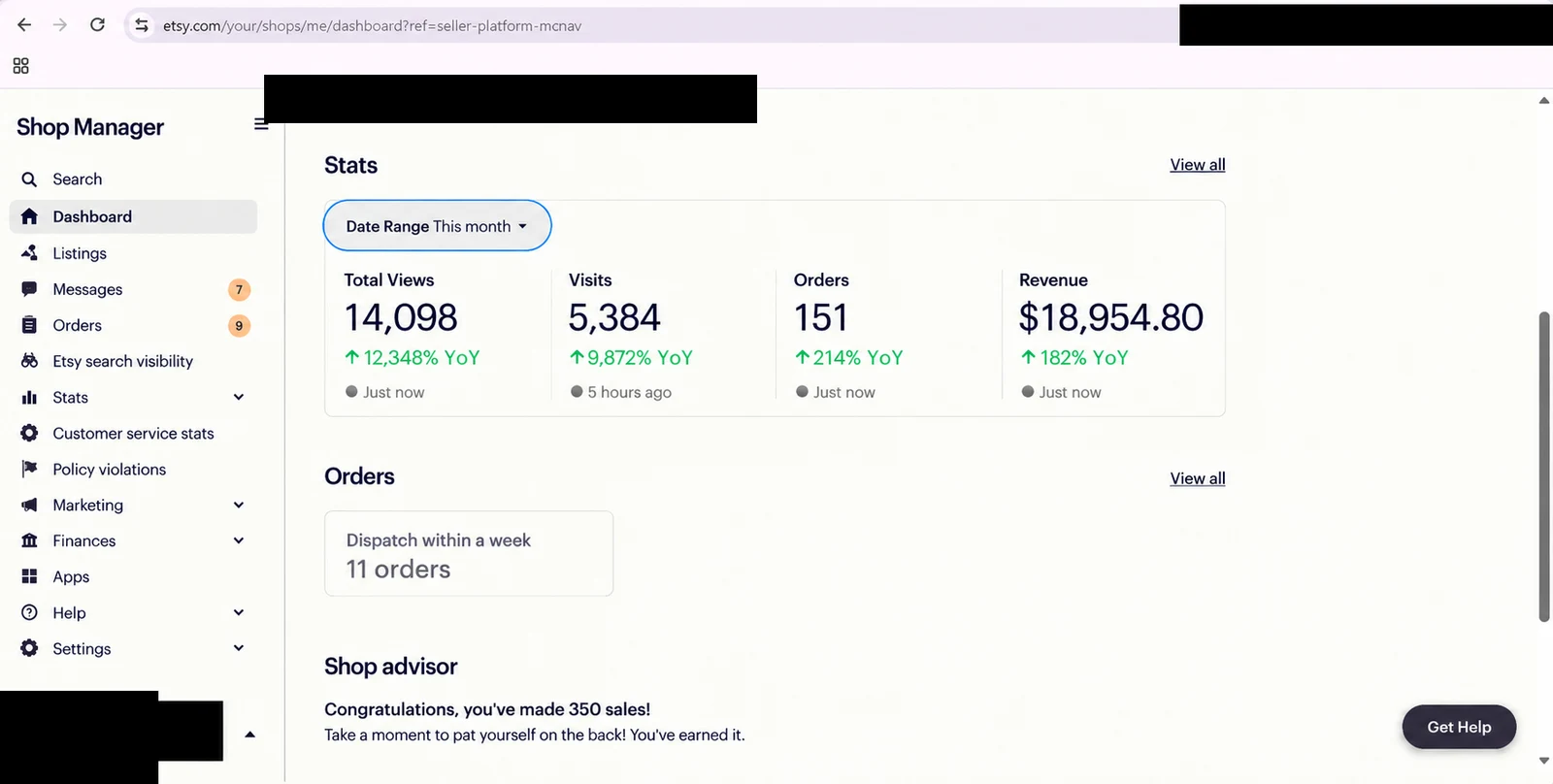 Etsy store dashboard 16 — identity redacted