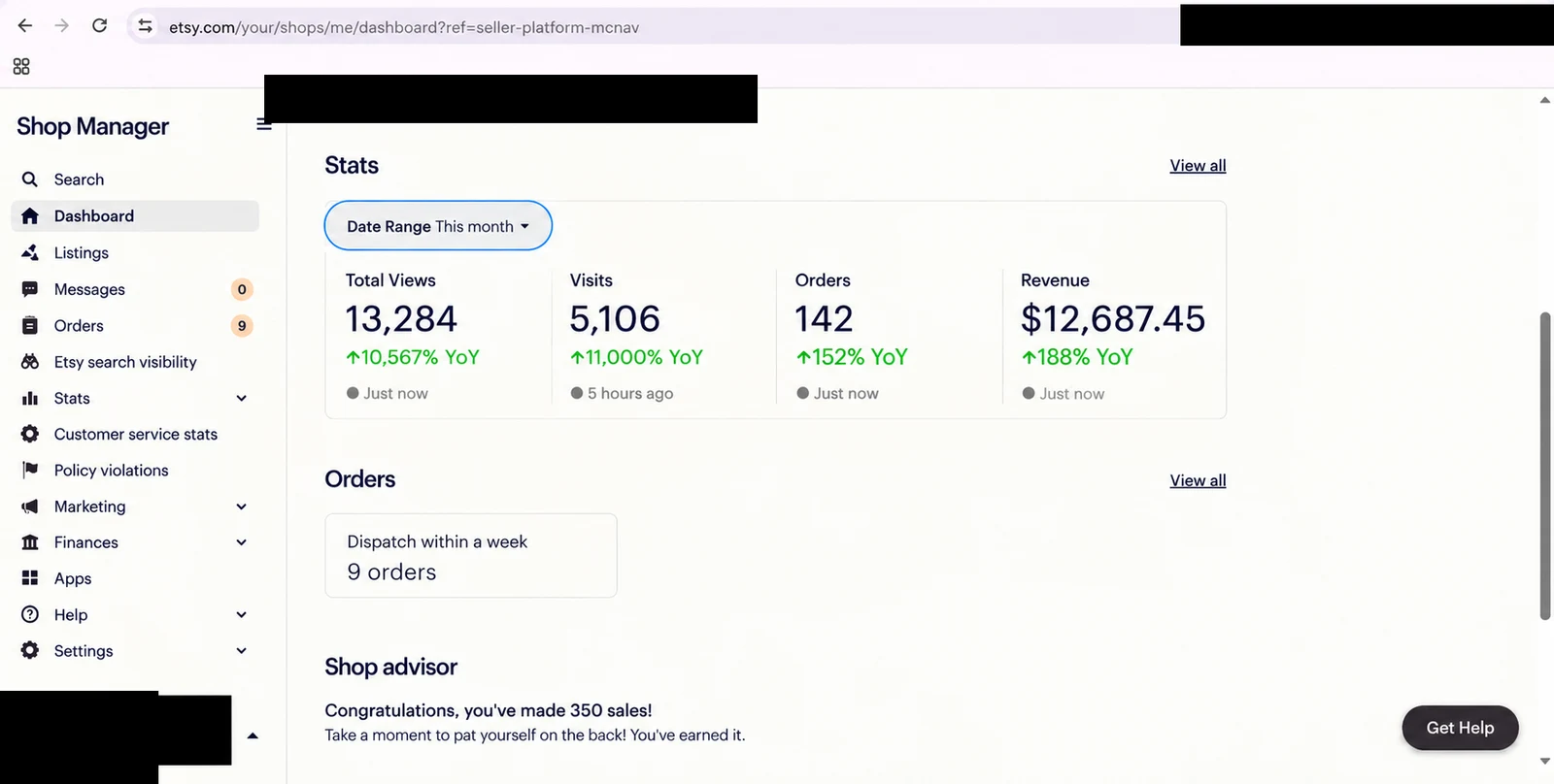 Etsy store dashboard 17 — identity redacted